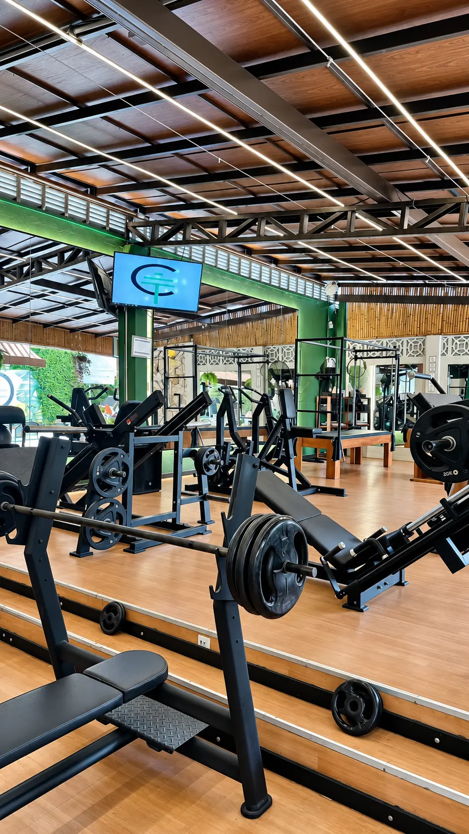 Área de força com equipamentos profissionais