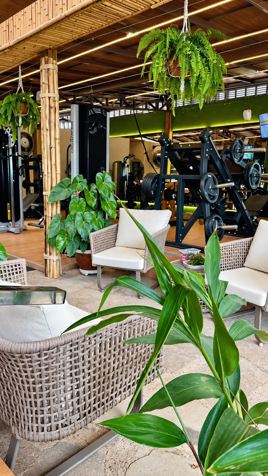 Lounge de convivência com plantas e poltronas